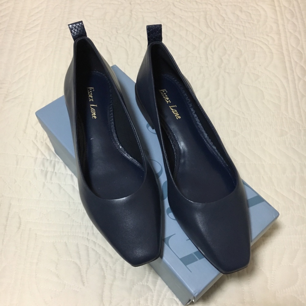 Leather Navy Blue Flats with Short Block Heel